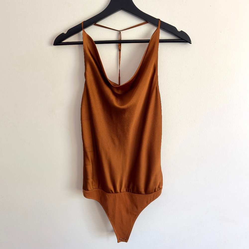 Abercrombie & Fitch | T-Strap Satin Cowl Neck Bodysuit in rusty orange
